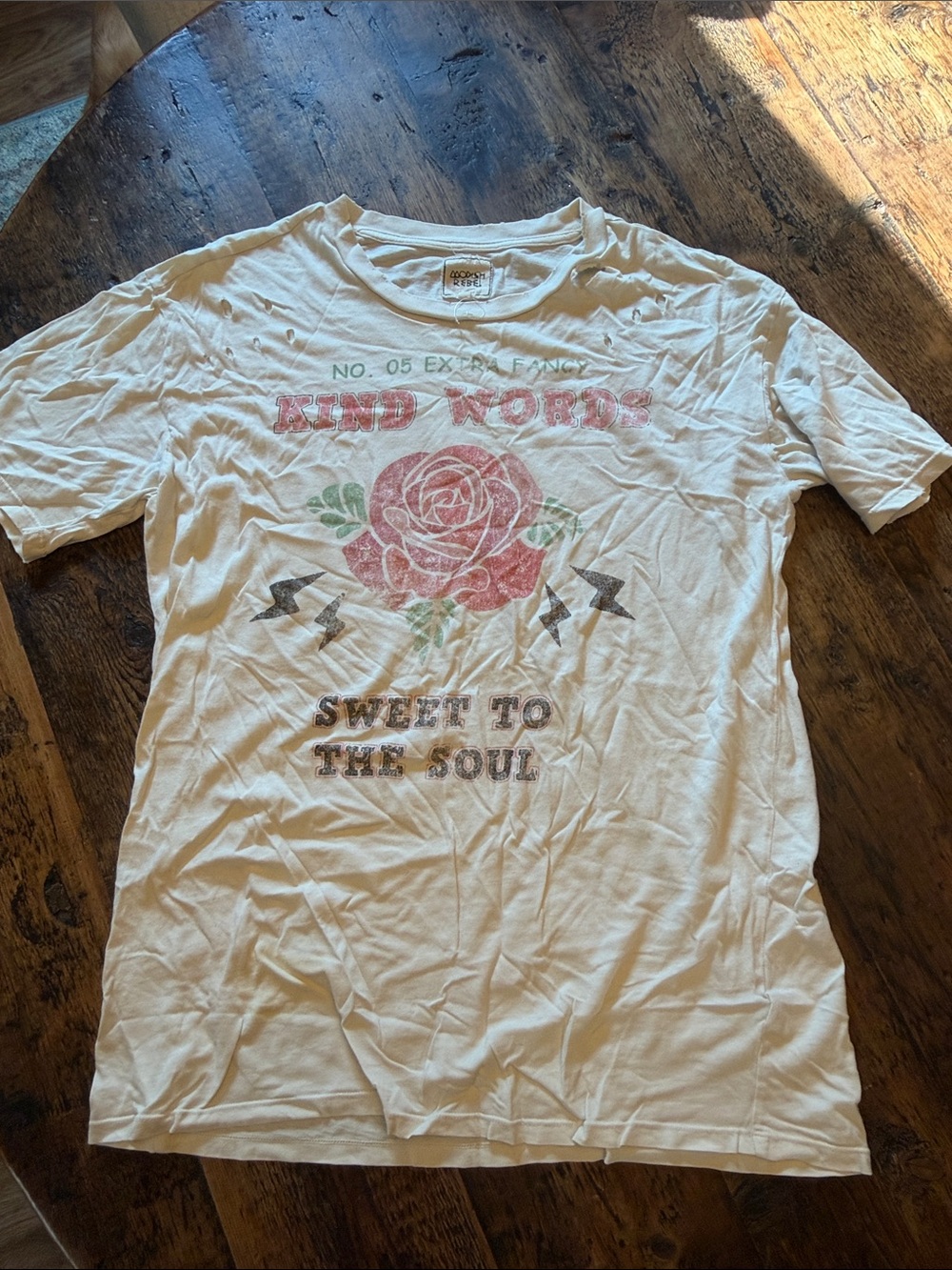 Women's White Graphic Tee - 'Kind Words' Rose Print